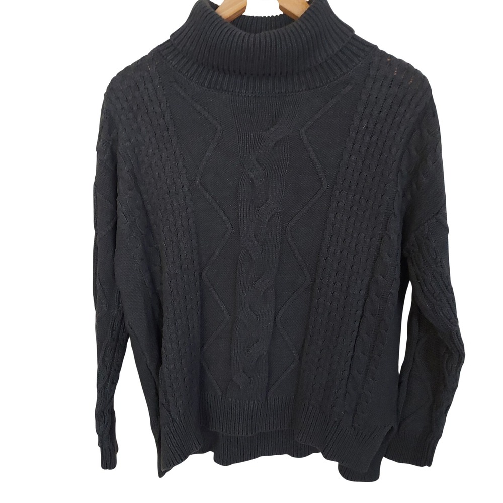 Womens L Gray Fisherman Cable Knit Turtleneck Sweater Dark Academia Cozy